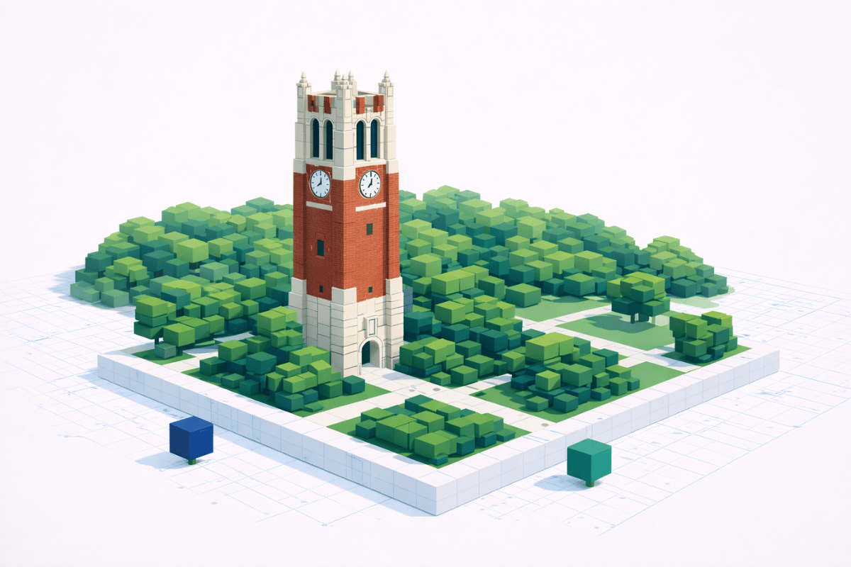 Beaumont Tower at Michigan State University illustrated in a cube-based architectural style.