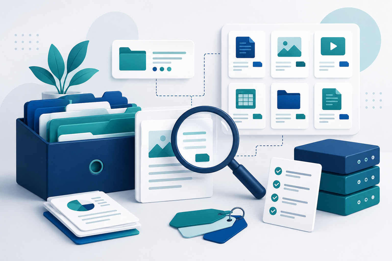 Organized folders, documents, tags, checklists, and a magnifying glass representing a knowledge audit and content inventory.