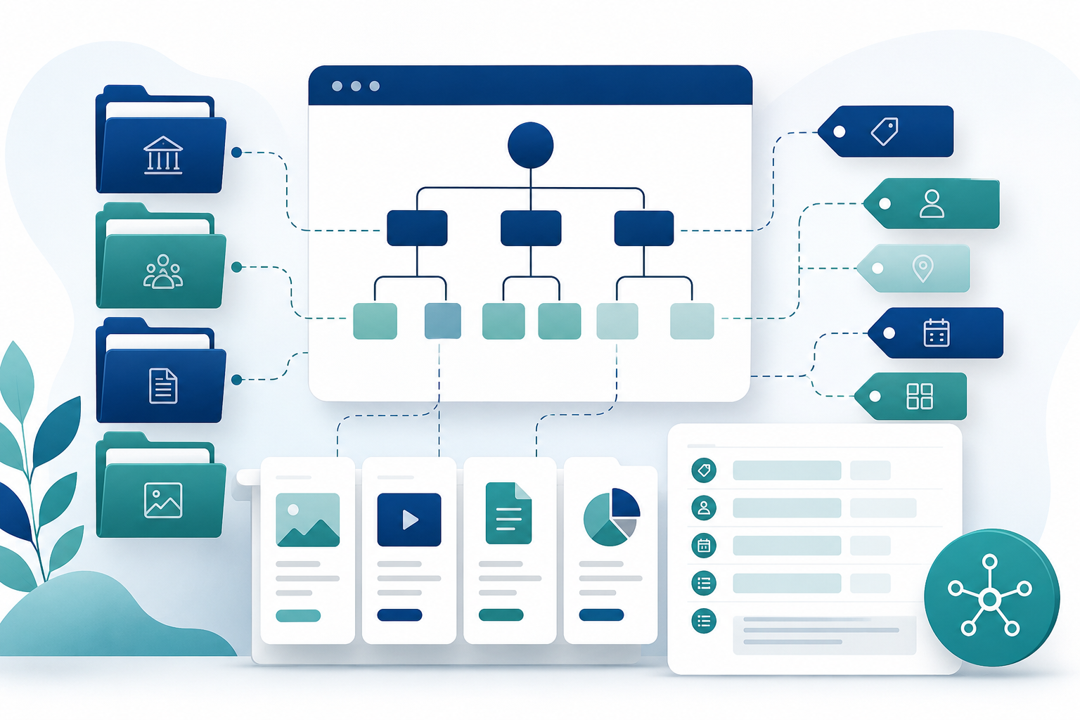 Taxonomy hierarchy connecting organized folders, content categories, metadata fields, and descriptive tags.