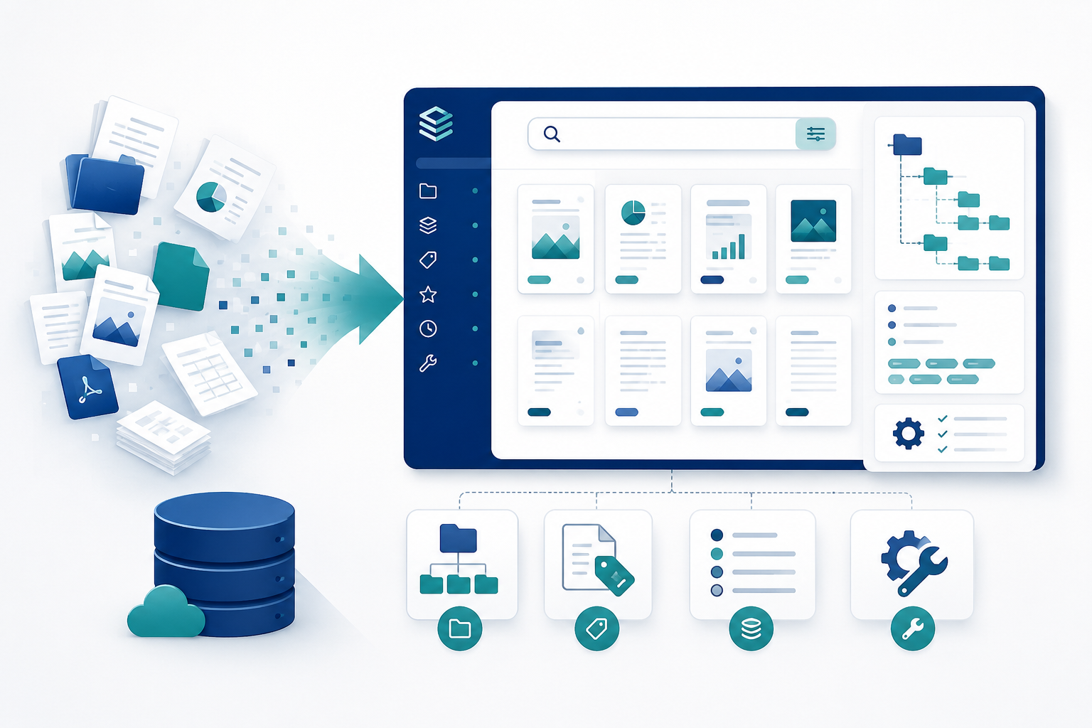 Illustration of scattered files being organized into a searchable research library with folders, tags, structured records, and maintenance tools.
