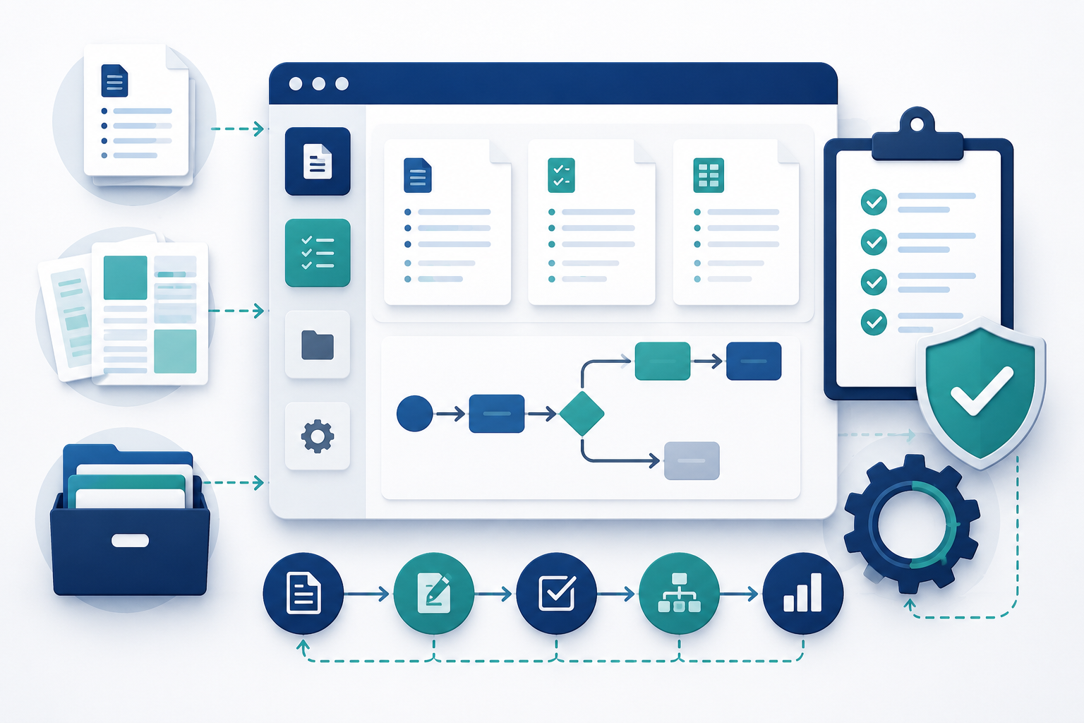 Documentation, templates, and workflow steps organized into a repeatable system with checklists, process maps, and maintenance controls.