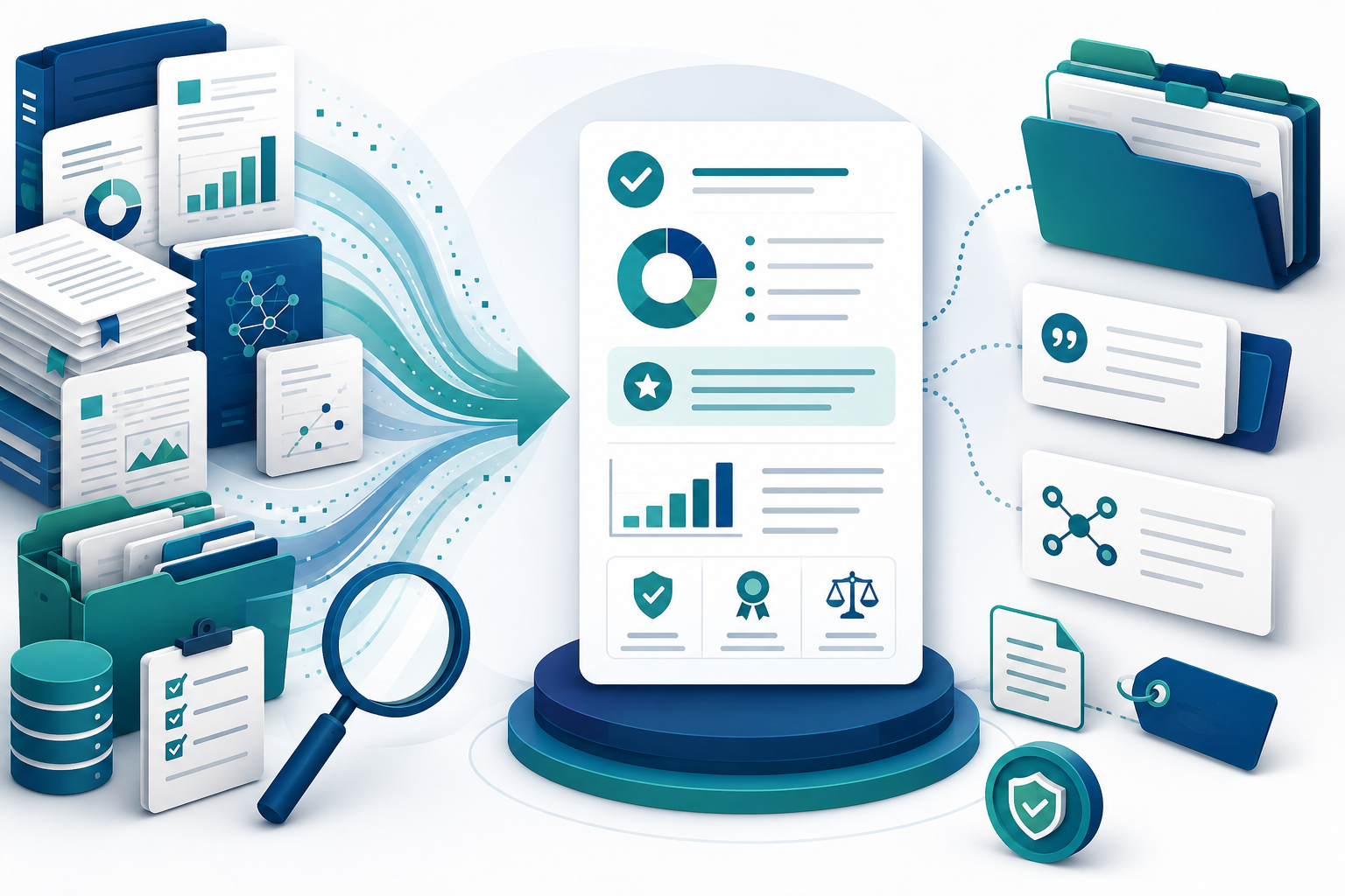 Research reports, source documents, charts, and verified findings organized into clear evidence summaries for professional teams.