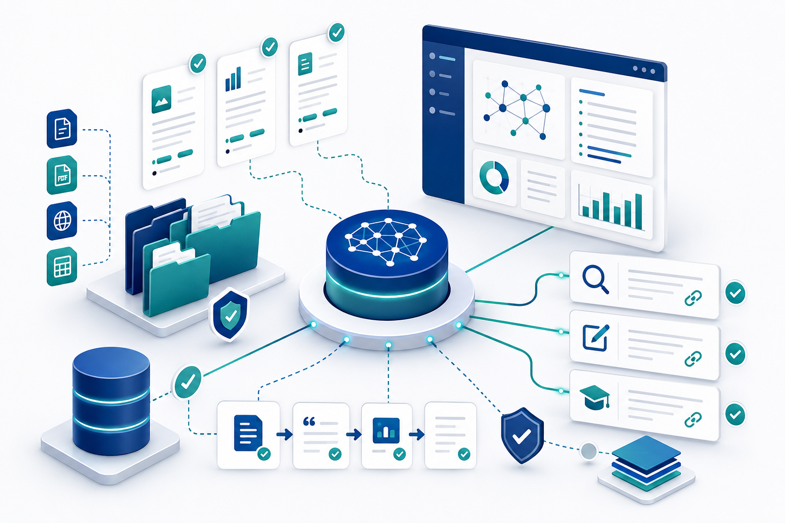 Trusted source documents, folders, and verified records organized into an AI-ready system with searchable outputs and traceable links.