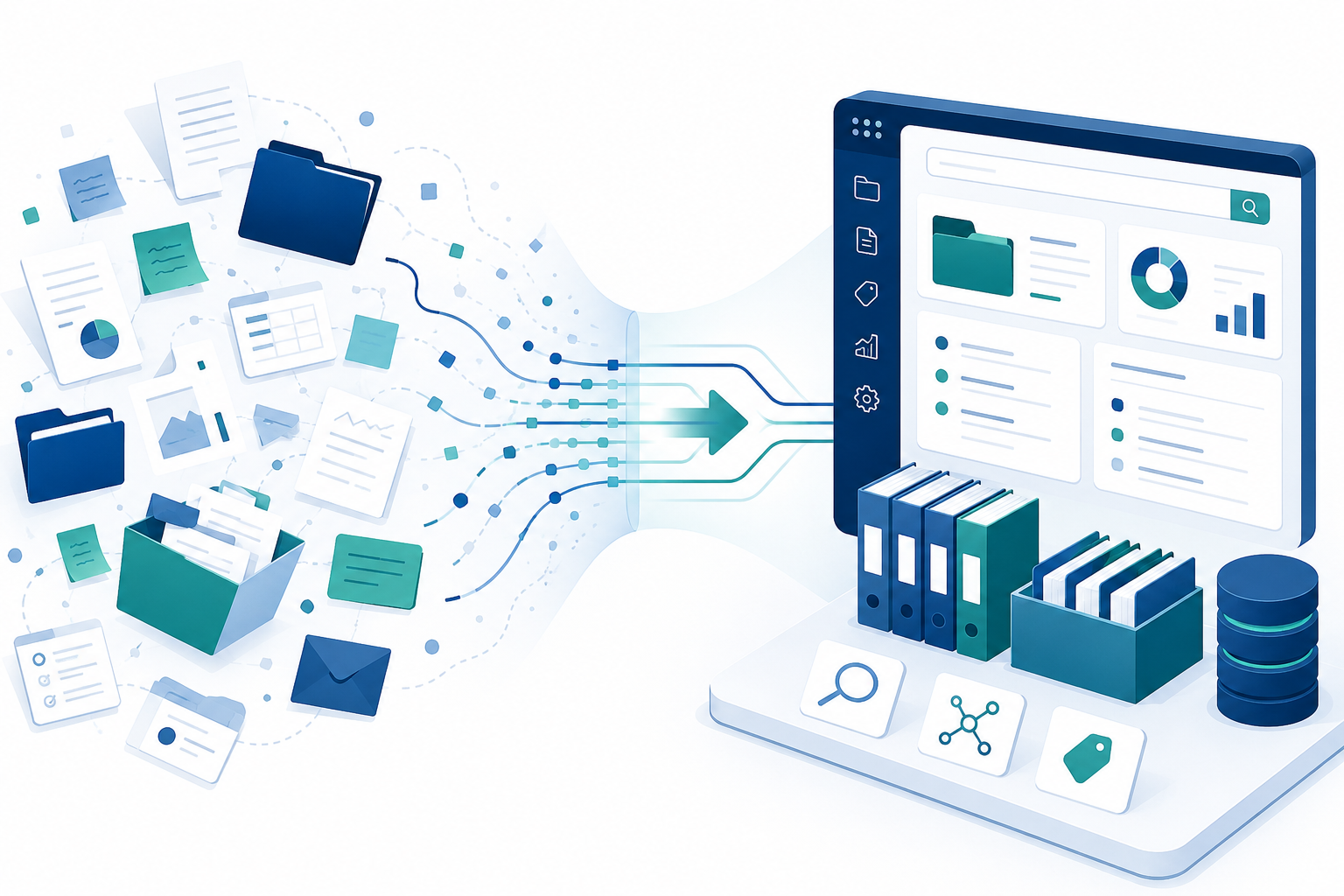 Scattered documents, files, and data flowing into an organized, searchable knowledge system.